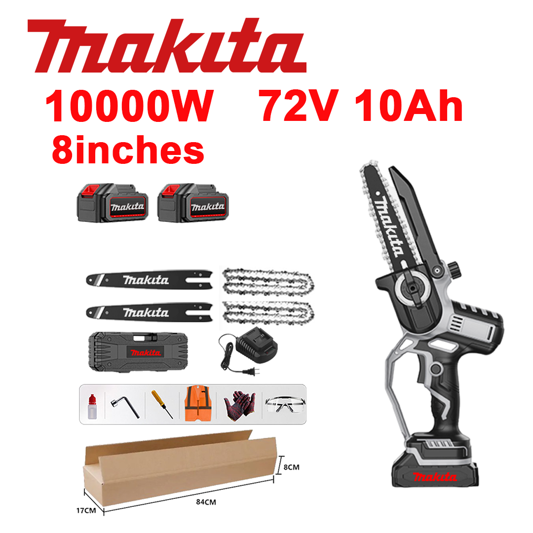 Sierra de iones de litio sin escobillas de 10 pulgadas y 10 000 W, 2 baterías de 72 V y 10 Ah, cargador, 2 barras guía, 2 cadenas, estuche de herramientas, aceite lubricante y gafas de seguridad, garantía de 5 años