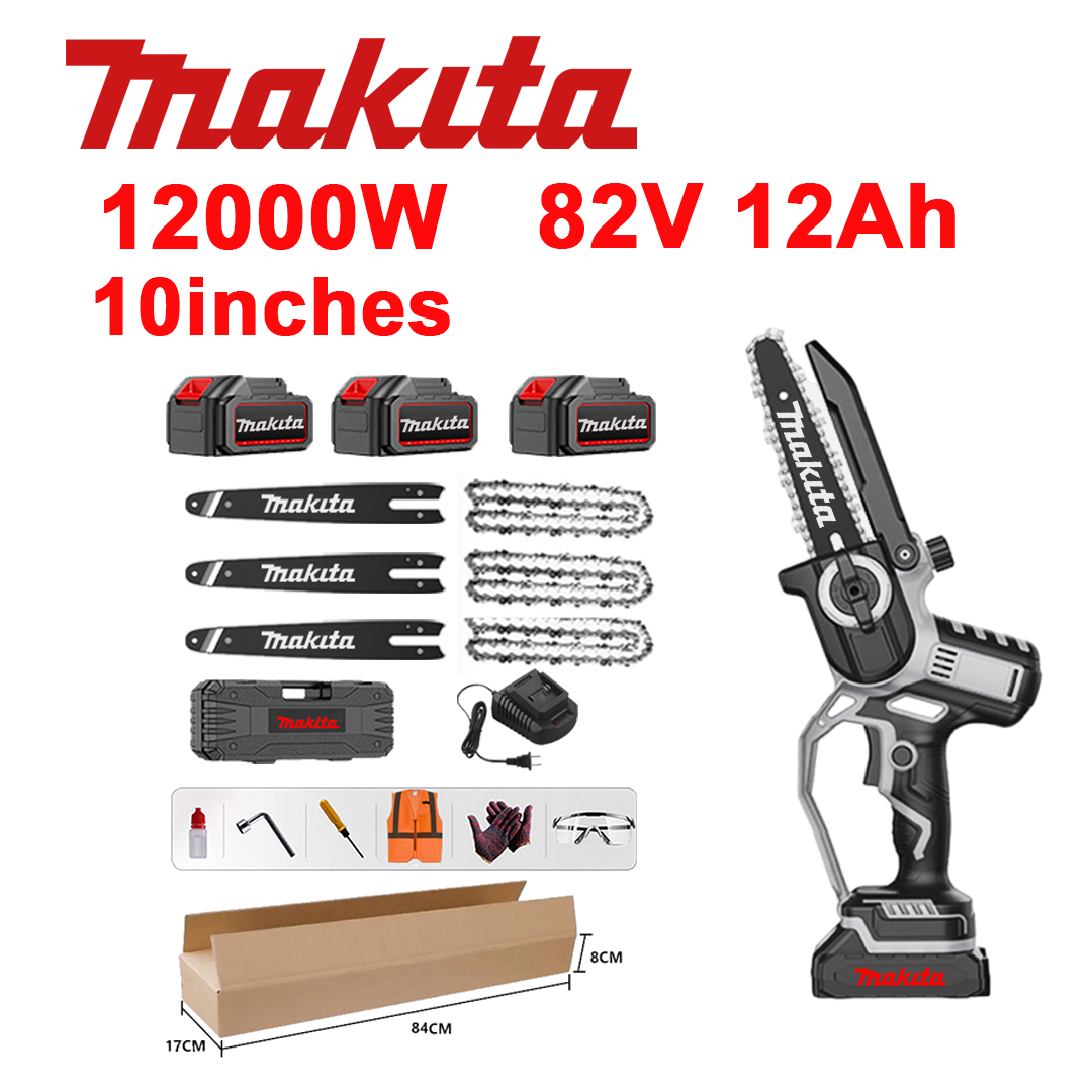 Sierra de iones de litio sin escobillas de 10 pulgadas, potencia de 12 000 W, batería de 82 V 12,0 Ah*3, cargador, barra guía*3, cadena*3, caja de herramientas, aceite lubricante y gafas de seguridad, garantía de cinco años