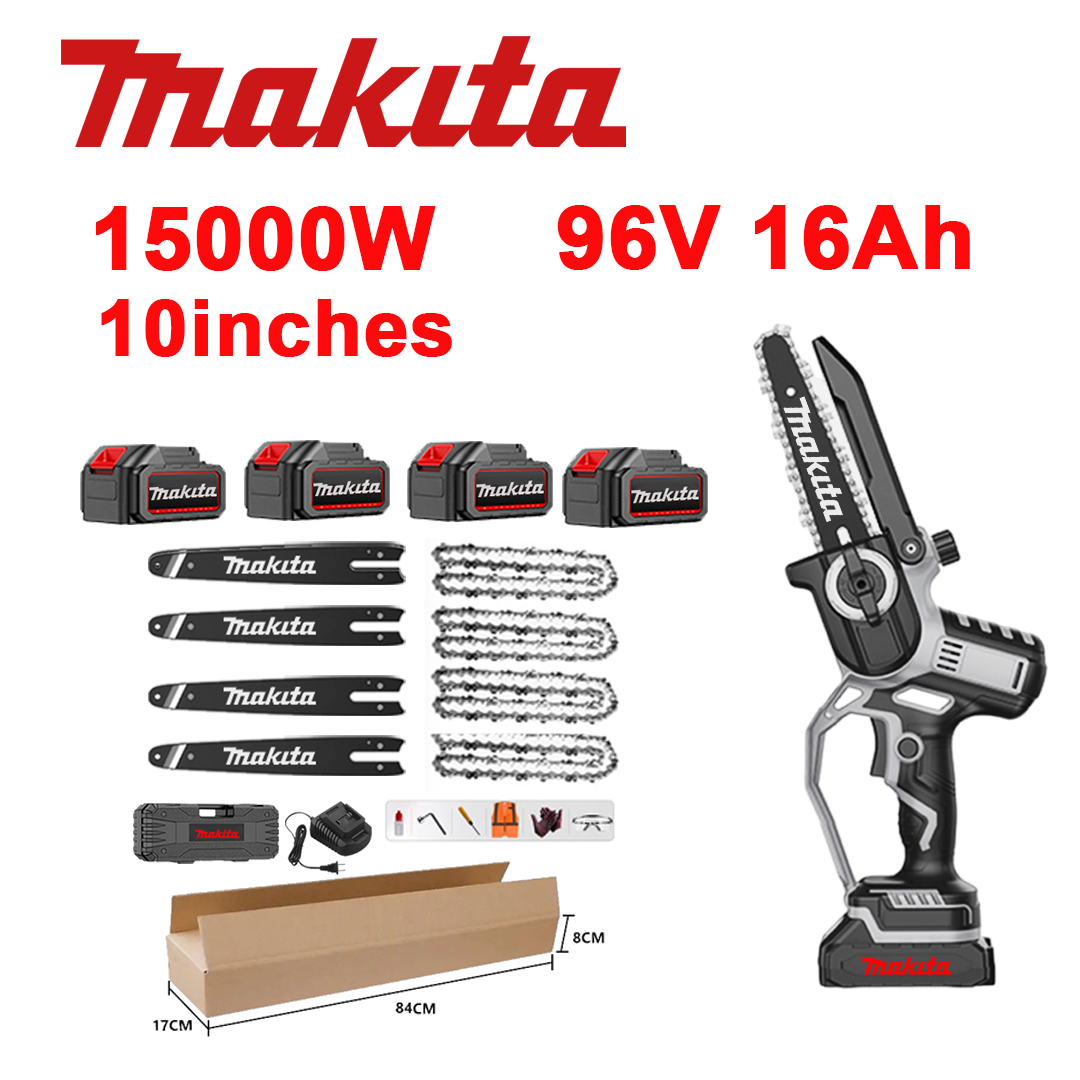 Sierra de iones de litio sin escobillas de 10 pulgadas, potencia de 15 000 W, batería de 96 V 16,0 Ah*4, cargador, barra guía*4, cadena*4, caja de herramientas, aceite lubricante y gafas de seguridad, garantía de cinco años