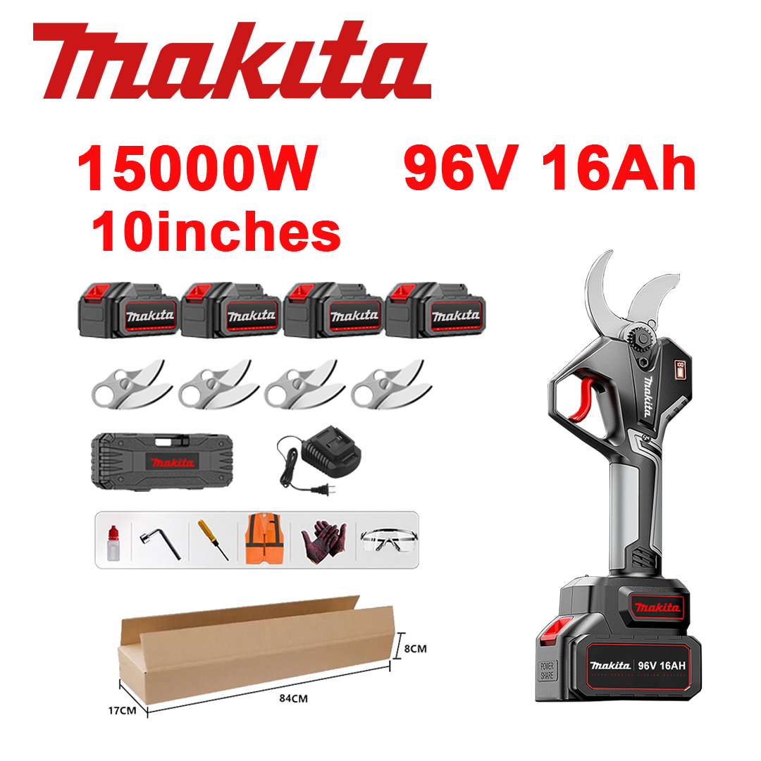 Tijeras de podar sin escobillas de 10 pulgadas con batería de litio, potencia de 15.000W, batería de 96V 16,0Ah*4, cargador, cuchilla SK9*4, caja de herramientas, aceite lubricante y gafas de seguridad, garantía de cinco años.