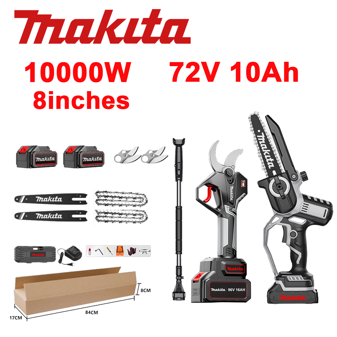 Indicador LED de potencia (duración de la batería: 10 horas). Sierra de iones de litio de 8 pulgadas y 10 000 W + tijeras de podar + batería de 72 V 10,0 Ah * 2 + cargador + barras guía * 2 + cadenas * 2 + hojas de aleación SK9 * 2 + varilla telescópica * 1 (telescópica de 150 cm a 450 cm) + caja de herramientas + 0 aceites de seguridad.