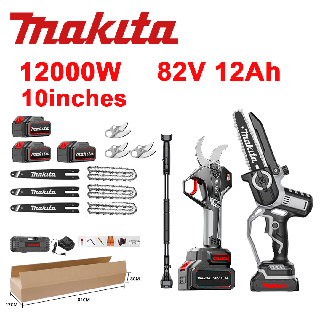 Indicador de voltaje LED (duración de la batería: 18 horas). Sierra de iones de litio de 10 pulgadas y 12000 W + tijeras de podar + 3 baterías de 82 V y 12,0 Ah + cargador + 3 barras + 3 cadenas + 3 hojas de aleación SK9 + 1 varilla telescópica (telescópica de 150 cm a 450 cm) + 1 herramienta de protección de aceite.