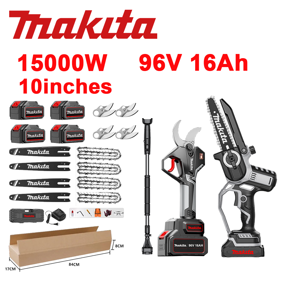 Indicador de voltaje LED (duración de la batería: 36 horas). Sierra de iones de litio de 10 pulgadas y 15.000 W + tijeras de podar + batería de 96 V 16,0 Ah * 4 + cargador + barras guía * 4 + cadenas * 4 + hojas de aleación SK9 * 4 + varilla telescópica * 1 (extensible de 150 cm a 450 cm) + 1 herramienta de seguridad.